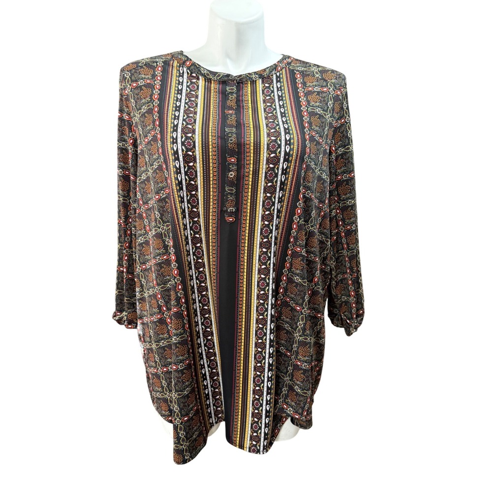 Nygard Womens 3X Tunic Top Boho Paisley Geometric Stripe Henley 3/4 Sleeve Blous